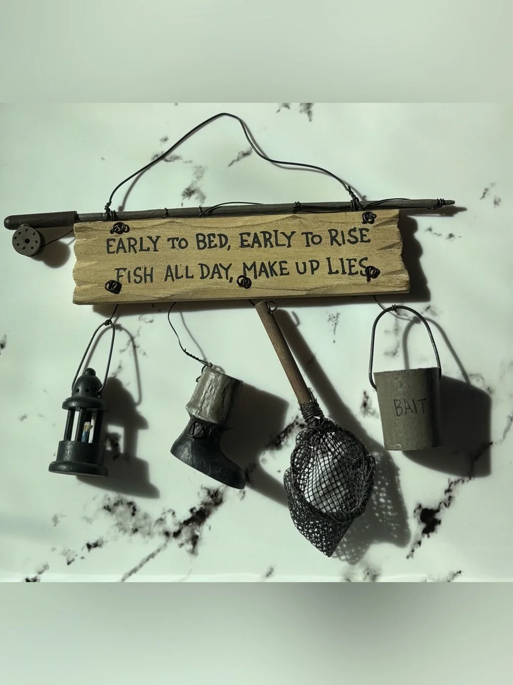 Rustic Fish-Themed Wall Hanging Sign in Natural Wood and Black